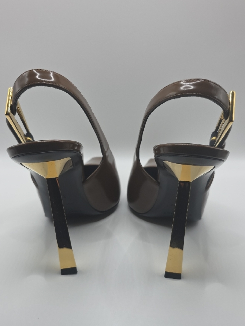 Saint Laurent Brown Patent Leather Slingback Heels with Gold Accent - Picture 3 of 16